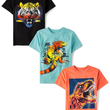 The Children's Place Camisetas gráficas de manga corta de gamer para niños, paquetes múltiples, dinosaurio/tigre/iguana, extrachico