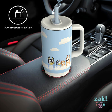 Vaso de viaje Sutton de Bluey de Zak Designs para llevar, de acero inoxidable de 887 ml con aislamiento al vacío, pajita de silicona y asa para bebidas frías (Bluey, Bingo, Bandit, Chilli)