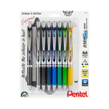 Bolígrafo de gel líquido retráctil EnerGel RTX, paquete Scholar Expressions, 0,7 mm, punta metálica, trazo medio, tinta surtida, paquete de 8 bolígrafos (BL77XLEFBP8M)