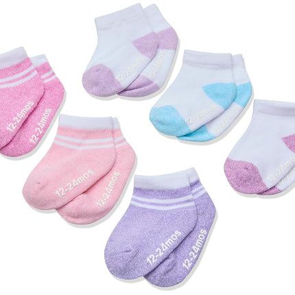 Hanes Bebé y Niño Pequeño, Calcetines Antideslizantes al Tobillo, Niños y Niñas, Paquetes Múltiples, Blanco/Rosa/Rosa Jaspeado/Morado - Paquete de 12, 12-24 Meses