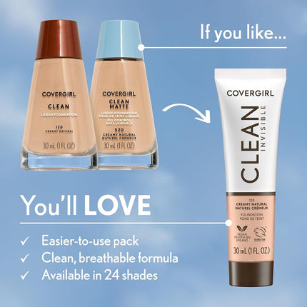 CoverGirl Clean Invisible, Buff Beige, Foundation, Blendable Formula, Buildable Coverage, Lightweight, Natural Finish, Non-Comedogenic, 30ml