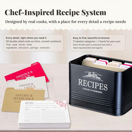 noonberry Vintage 4x6 Metal Recipe Box with Cards and Dividers; Bamboo Lid