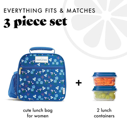 Fit & Fresh Lunch Bag For Women, Insulated Womens Lunch Bag For Work, Large Lunch Box For Women With Two Matching Containers, Townsend Lunch Bag, Navy Wildflower