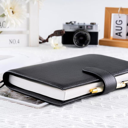 Ox Knight A5 Leather Planner Cover for Hobonichi Cousin, Stalogy, Midori, Leuchtturm1917, and More - with Pen Loop, Card Slots, Back Pocket, and Bookmarks (Black)