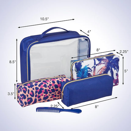 Conair 5 Piece Toiletry and Cosmetic Bag Set Under $30, Includes 4 Makeup Bags and 1 Travel Comb in Blue Palm Prints