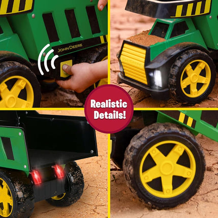 John Deere 16" Metal Dump Truck, Realistic Lights & Sounds, Heavy Duty Metal Truck Bed, Extra Large Wheels, Rugged Construction Vehicle Toy for Kids, Ages 3+, Indoor and Outdoor Play