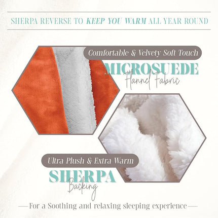 Elegant Comfort Throw Blanket, Reversible Sherpa Flannel, Ultra-Soft, Fuzzy, Cozy and Plush- All Season Lightweight Decorative Throw, 50 x 60 inches, Solid Sherpa Throw, Orange
