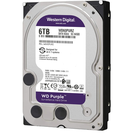 Disco duro Western Digital Purple de 6 TB para vigilancia, SATA 6 Gb/s de 3,5 pulgadas con tecnología Allframe 4K - 180 TB/año, caché de 64 MB, 5400 rpm - WD60PURZ