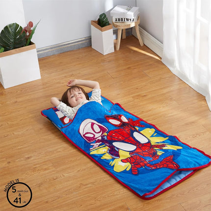 Idea Nuova Amazing Toddler Quilted Nap Mat with Built in Blanket and Pillow, 20" Wx46 L, Spidey and Friends