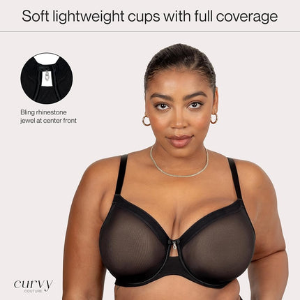 Curvy Couture Women's Sheer Mesh Full Coverage Unlined Underwire Bra, Chocolate, 42E