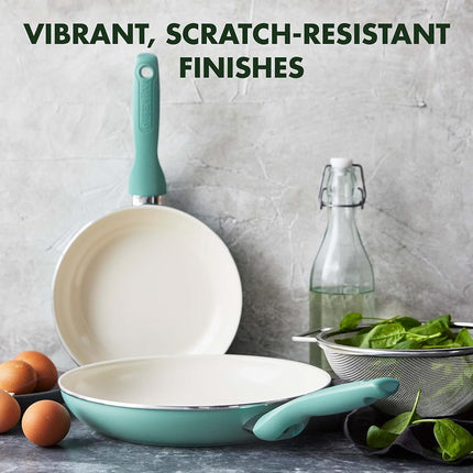 GreenPan Rio Healthy Ceramic Non-Stick 2-Piece Frying Pan Skillets Set, 20cm & 26cm, PFAS Free, Stay-Cool Handle, Oven Safe up to 160°C, Turquoise & Cream