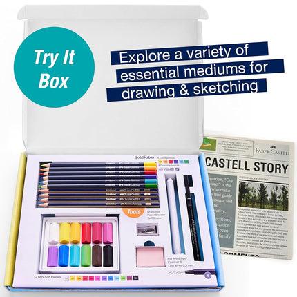 Faber-Castell Try It Box: Dry Mediums, 26 Piece Sketching Coloring Art Set with Colored Pencils, Graphite Pencils, Pastels, Pitt Artist Pen and Art Tools