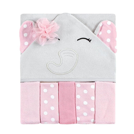 Hudson Baby Unisex Baby Hooded Towel and Five Washcloths, White Dots Pretty Elephant, One Size