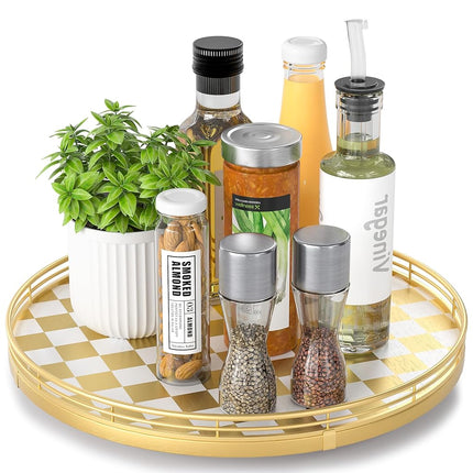 Premium Rubber Wood Lazy Susan Turntable, Gold Whi