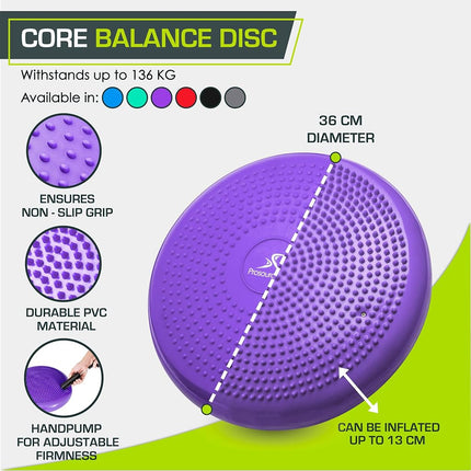 ProSource Core Balance Disc Trainer, 36 cm Diameter with Pump for Improving Posture, Fitness, Stability, Purple