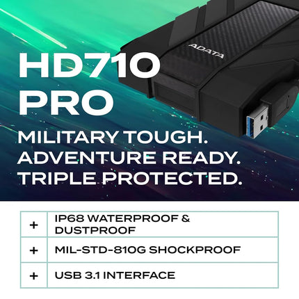 ADATA HD710 Pro 2TB HDD, USB 3.1, IP68 Waterproof/Shockproof/Dustproof Ruggedized External Hard Drive, Black (AHD710P-2TU31-CBK)