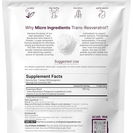 Pure Trans-Resveratrol Powder with Vitamin E, 5 Ounce, Super Antioxidant for Cardiovascular Support, Non-GMO and Vegan Friendly