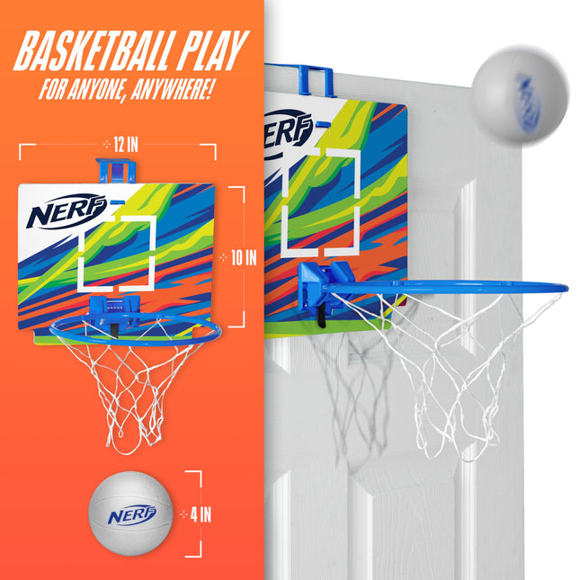 Nerf Mini Over The Door Basketball Hoop - Nerfoop Indoor Game Set for Kids - Toy Foam Basketball With Hoop - Great for Bedroom - Blue