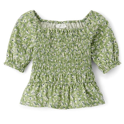 The Children's Place Girls' Long Sleeve Smocked Peplum Top, Lt Cactus Floral, X-Small