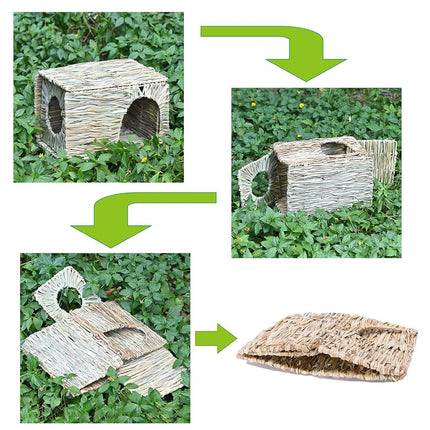 Auto-plaza Foldable Grass Woven Animal Hut Bunny House Play Hideaway Bed Mat Chew Toy for Rabbit Guinea Pigs Gerbils Hamster (12"x8"x8")