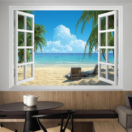 FLFK Fake Window Wall Sticker - Summer Beach Faux Window Wall Mural for Wall Decor, Stick and Peel Wall Decals, 80"x60", Set of 5 Sheets