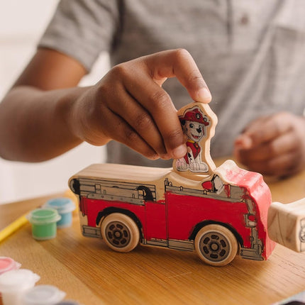 Melissa & Doug PAW Patrol Wooden Vehicles Craft Kit – 3 Decorate Your Own Vehicles with Paint & Stickers – Includes Chase, Marshall & Skye Play Figures – Creative Toy for Kids Age 4+