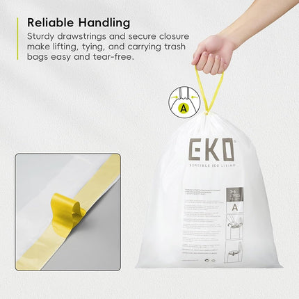 EKO Easy-Dispense Roll 80 Count Extra-Strong Drawstring Small Trash Bag, 1.6 Gallon Trash Bag (3-6L) 1 Pack White, Code A