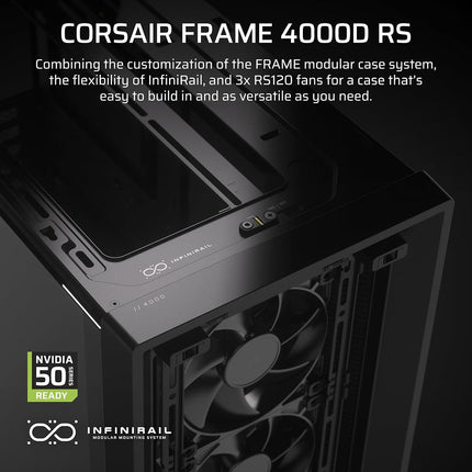 CORSAIR FRAME 4000D RS Modular Mid-Tower ATX PC Case – High Airflow, 3x Pre-Installed RS Fans, InfiniRail™ Fan Mounting System, ASUS BTF, MSI Project Zero, Gigabyte Project Stealth – Black
