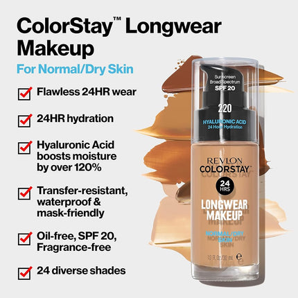 Liquid Foundation by Revlon, ColorStay Face Makeup for Normal and Dry Skin, SPF 20, Longwear Medium-Full Coverage with Matte Finish, Oil Free, 400 Caramel