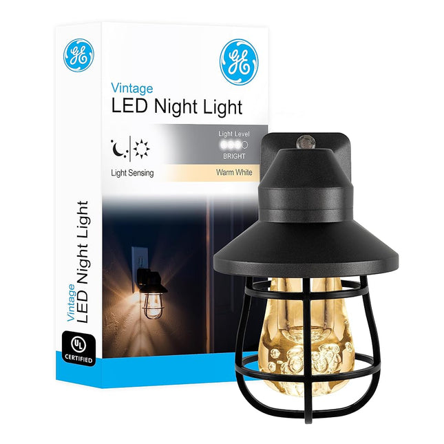 GE 38628 Vintage LED Night Light, Plug-in, Dusk-to-Dawn Sensor, Farmhouse, Rustic, Home Décor, UL-Certified, Ideal for Bedroom, Bathroom, Kitchen, Hallway, 1 Pack, Black