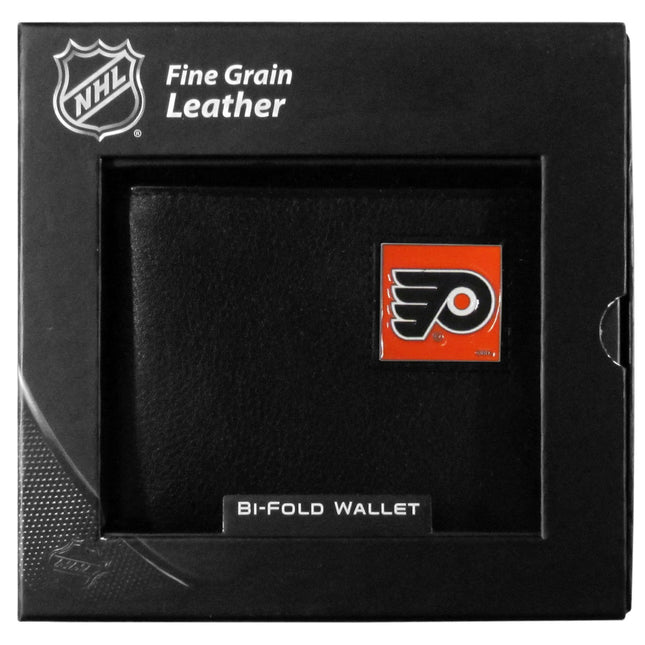 NHL Philadelphia Flyers Leather Bi-Fold Wallet Packaged in Gift Box, Black