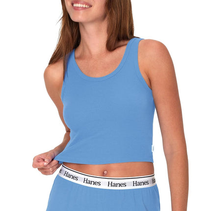 Hanes Womens Originals Rib Crop Tank Top 2-Pack, Comfywear Stretch Cotton Cropped Top, Provence Blue/Pink Coral, XL