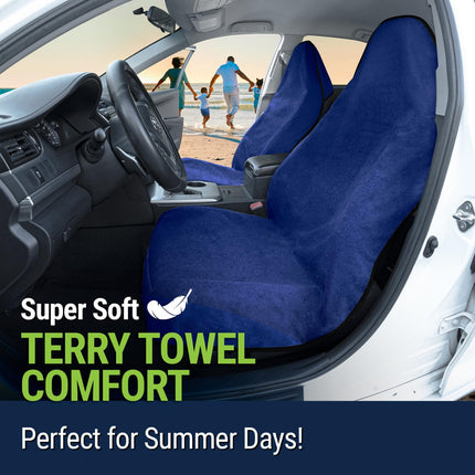 Season Guard Terry Cloth Sweat Towel Seat Cover; Carseat Towel Protector; Great for Gym Workout; Waterproof; Universal Fit for Car SUV Van Truck; EZ fit; Non Slip Grip; Machine Washable; 2pc Blue