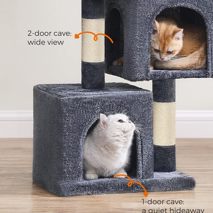 Feandrea Cat Tree Tower, 67 cm, S, Condo for Kittens up to 7 lb, Large Perch, 2 Caves, Scratching Post, Smoky Gray UPCT611G01