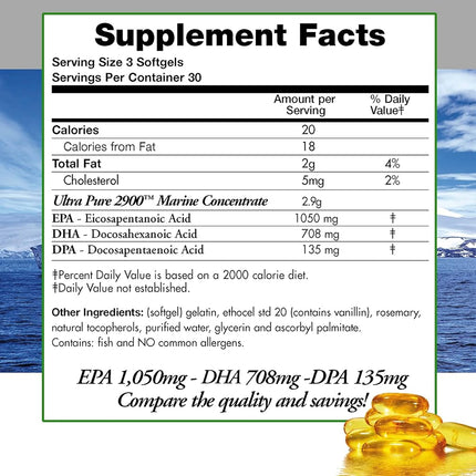 Doctors Nutra Nutracéuticos Omega 3 DPA Aceite de Pescado 2.900 Miligramos Triple Concentración Ultra Puro Concentrado, EPA-DPA-DHA, Cápsulas Blandas - 30 Porciones