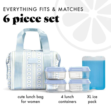 Fit & Fresh Neoprene Lunch Bag For Women, Insulated Womens Lunch Bag For Work, Tear & Stain Resistant Large Lunch Box For Women With Containers and Ice, Machine Washable Remi Bag, Blue Wallpaper Bows