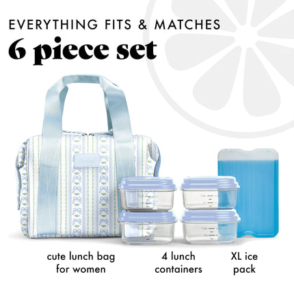 Fit & Fresh Neoprene Lunch Bag For Women, Insulated Womens Lunch Bag For Work, Tear & Stain Resistant Large Lunch Box For Women With Containers and Ice, Machine Washable Remi Bag, Blue Wallpaper Bows