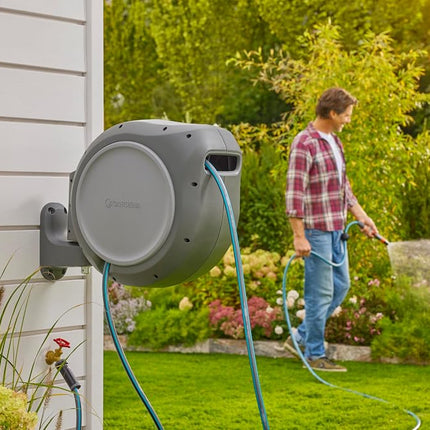GARDENA 08040-50' ft. Wall Mount Retractable Garden Hose Reel, Lock at Any Length, 180 Degree Swivel, Precision German Engineering. 5 Year Warranty. Perfect Outdoor Hose Storage Solution