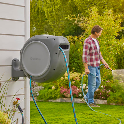 GARDENA 08040-50' ft. Wall Mount Retractable Garden Hose Reel, Lock at Any Length, 180 Degree Swivel, Precision German Engineering. 5 Year Warranty. Perfect Outdoor Hose Storage Solution