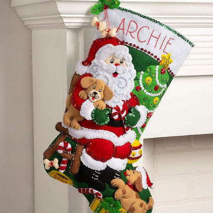 Bucilla Plaid, Jolly Pups Santa 18" Felt Applique Stocking Making Kit, Perfect for DIY Needlepoint Arts and Crafts, 89556E
