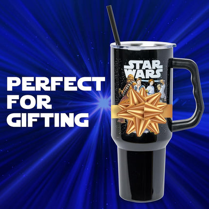 Silver Buffalo Star Wars Stainless Steel Tumbler with Handle and Straw - Chewbacca Yoda R2-D2 C-3PO Princess Leia Han Solo Luke Skywalker Fits in Standard Cup Holders 40oz