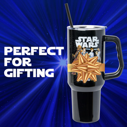 Silver Buffalo Star Wars Stainless Steel Tumbler with Handle and Straw - Chewbacca Yoda R2-D2 C-3PO Princess Leia Han Solo Luke Skywalker Fits in Standard Cup Holders 40oz