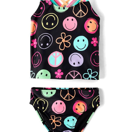 The Children's Place Girls' and Toddler 2 Piece Tankini Swimsuit, Black Doodle Icons, 2T