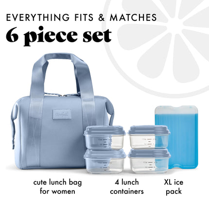 Fit & Fresh Remi Lunch Bag for Women Work – Neoprene Lunch Tote with Containers & Ice Pack, Reusable Meal Prep Lunch Box, Large Capacity, Machine Washable, Slate