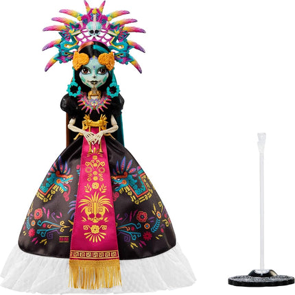 Monster High Doll, Skelita Calaveras Día de Muertos 2025 Collectible, Aztec-Inspired Gown with Vibrant Accessories like Headdress and Necklace, JDR63