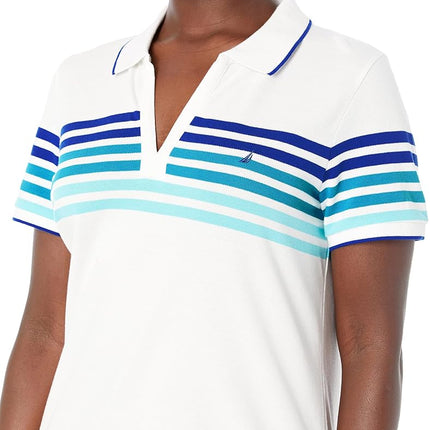 Nautica Women's Classic Fit Striped V-Neck Collar Stretch Cotton Polo Shirt, Bright Cobalt, Large