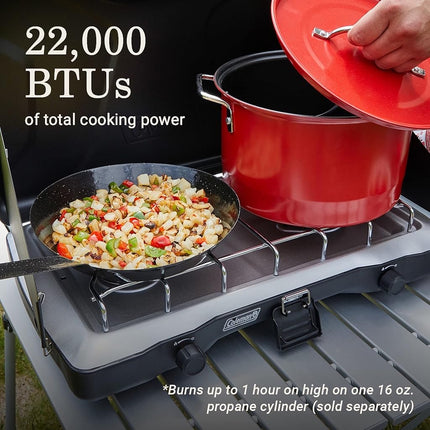 Estufa de propano Coleman Triton de 2 quemadores para camping, parrilla/estufa portátil para camping con quemadores ajustables, protectores contra el viento, cierre de alta resistencia y asa, 22,000 BTU de potencia total
