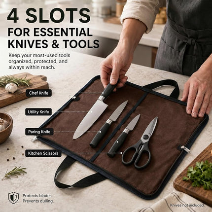 QEES Knife Roll,Heavy Duty Knife Bag,Waxed Canvas Knife Case with 4 Slots for Knives & Kitchen Tools,Chef Knife Bag with Handle.Portable Knife Roll Bag for Chefs Culinary Traveling.Knives Pouch