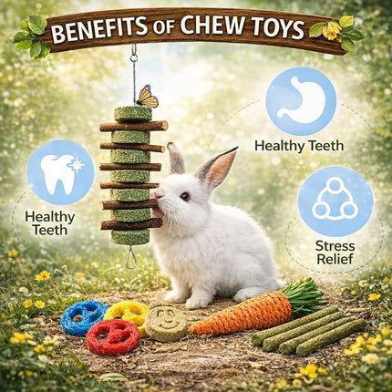 Grddaef Bunny Chew Toys for Teeth, Natural Rabbit Toys Apple Wood Grass Timothy Sticks Chew and Treat for Guinea Pigs Hamster Chinchillas (20 PCS)
