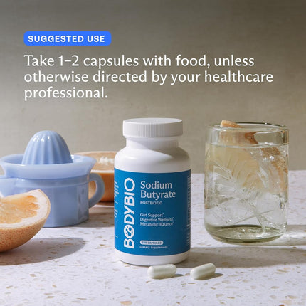 BodyBio Butyrate with Sodium - Supports Healthy Digestion, Gut & Microbiome - Increases Leptin Production for Appetite Control - No Fillers or Additives - 60 Capsules